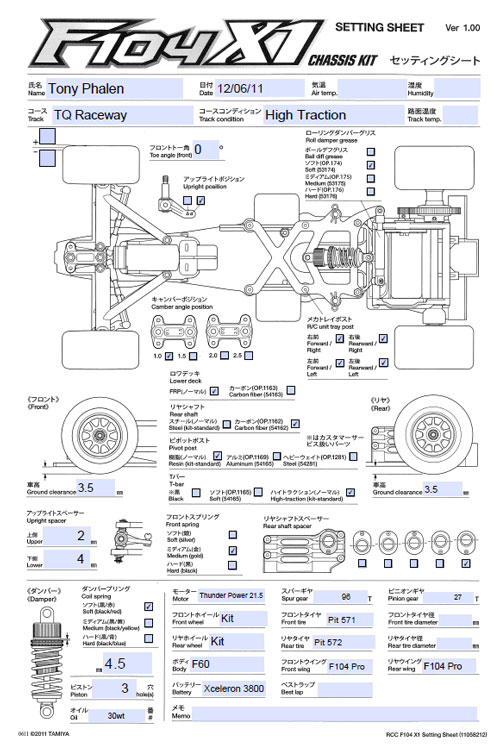 Tamiya F104X1 Setup Sheet